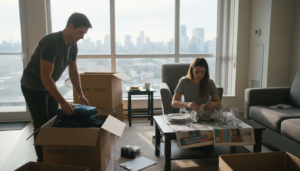 Couple packing boxes for last-minute move