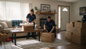 Movers packing boxes in Ontario living room