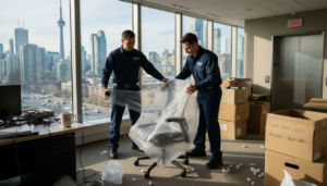 Movers packing office in Toronto high-rise