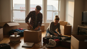 Couple packing urgently amid moving boxes