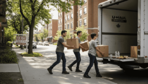 Family loading rental truck with moving boxes