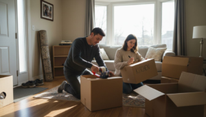 Homeowners packing boxes during moving day