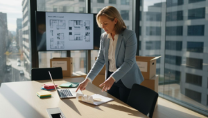 Manager planning business relocation in office