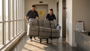 Movers handling sofa in apartment hallway