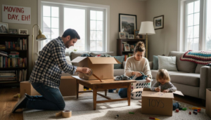Family packing boxes in bright living room