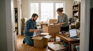 Family packing living room for Ontario move