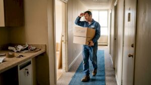 Mover carries labeled box in apartment hallway
