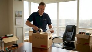 Mover packing boxes in sunlit office