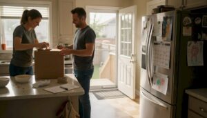 Ontario couple packing moving boxes in kitchen