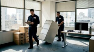 Office movers pushing cabinet, boxes visible