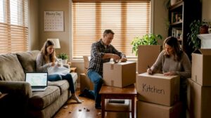 Family organizing moving boxes in living room