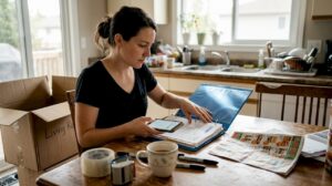 Packing binder and phone on cluttered kitchen table