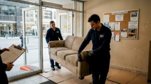 Movers carrying sofa through apartment lobby