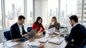 Business team reviewing finances in corner Toronto office