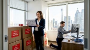 Manager oversees office move with labelled boxes