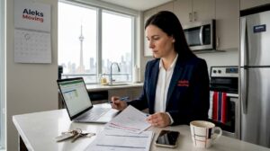 Property manager reviewing move-in checklist at kitchen table