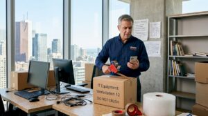 Office manager packing for business relocation
