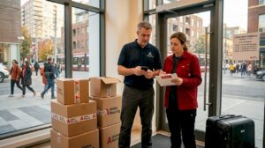 Condo residents checking move logistics