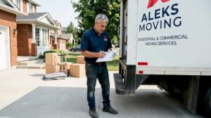 Mover checking paperwork beside Ontario truck