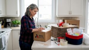 Woman preparing moving boxes Ontario kitchen