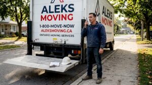 Supervisor coordinating Ontario move beside moving truck