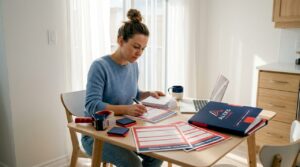 Renter organizing move checklist at kitchen table