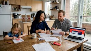 Family reviewing moving quote documents at kitchen table
