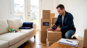Family member packing boxes for Ontario move