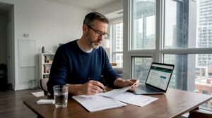 Landlord reviewing rental paperwork