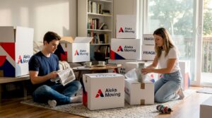 Couple carefully packing moving boxes in living room