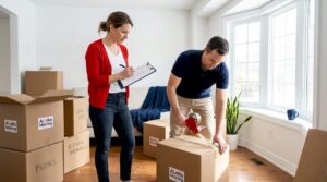 Homeowners checking moving boxes in living room