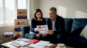 Couple reviewing moving estimate in Ontario living room
