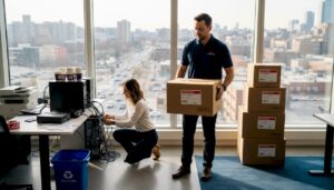 Office workers packing for commercial move