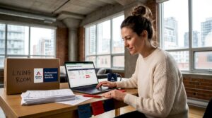 Woman estimating moving costs at home table