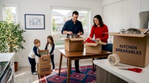 Family packing boxes for moving day together