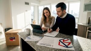 Couple worriedly reviewing moving company contract