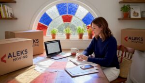 Woman organizing moving quote paperwork in kitchen