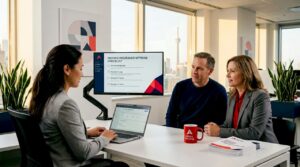 Couple consulting advisor about moving insurance