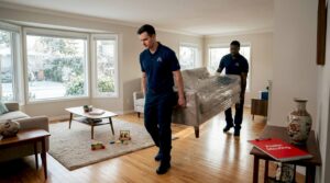 Bonded movers carrying sofa through Canadian home