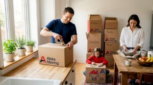 Family packing moving boxes in living room