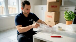 Mover packing fragile glassware in living room