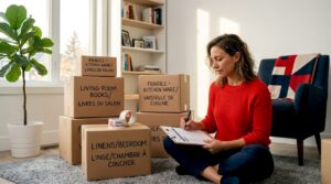 Woman checks moving items off inventory list