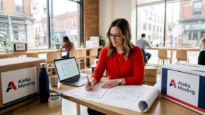 Manager reviews plans in corner office with boxes