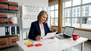 Woman reviewing storage contract in office