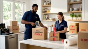 Movers carefully packing boxes in living room