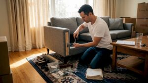 Man disassembling sofa in a bright living room