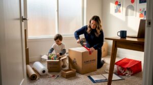 Family actively packing boxes in lived-in living room