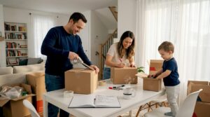Family packing moving boxes in bright living room