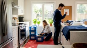 Couple packing reusable moving crates at home