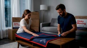Couple wrapping furniture for moving day